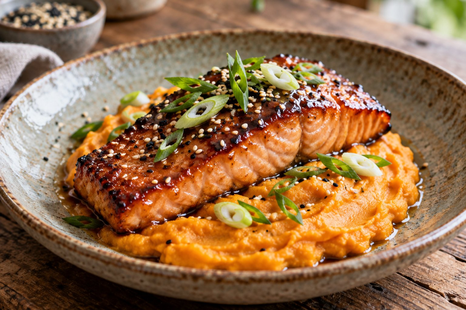 Miso-Butter-Lachs mit Süßkartoffelpüree – Rezept mit Kalorien und Nährwerten