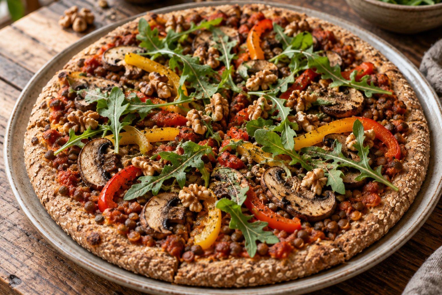 Vegane Linsen-Walnuss-Pizza mit Vollkornboden – Rezept mit Kalorien und Nährwerten