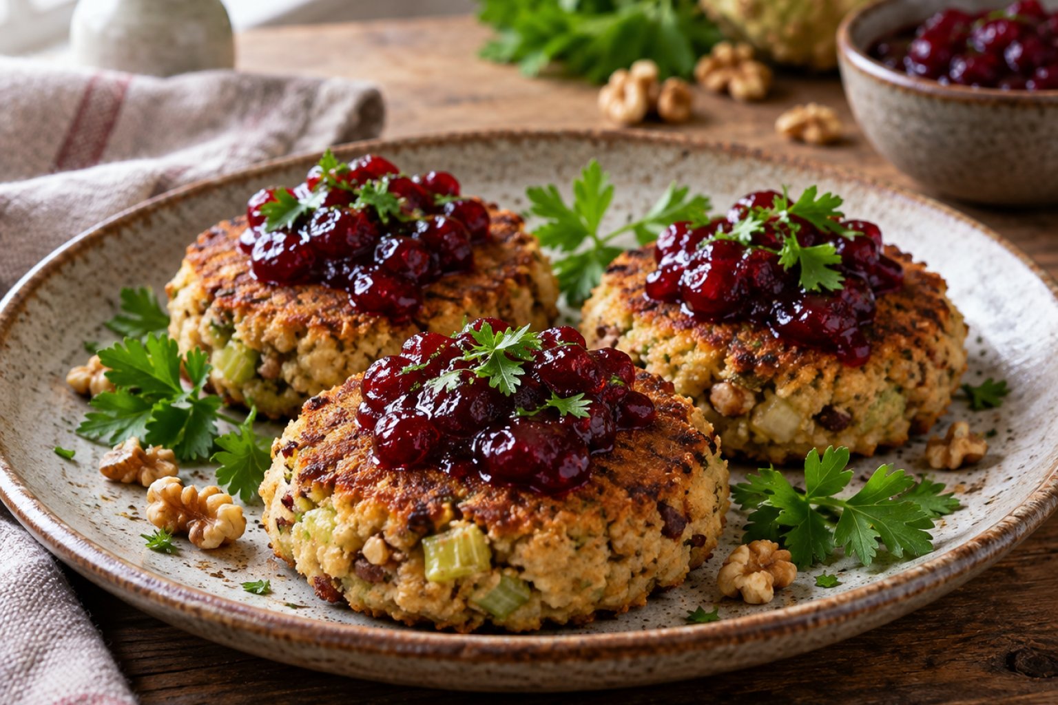 Vegane Sellerie-Nuss-Bratlinge mit Preiselbeersauce