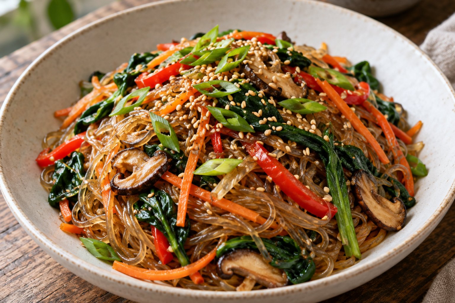 Koreanisches Japchae mit Glasnudeln und Gemüse