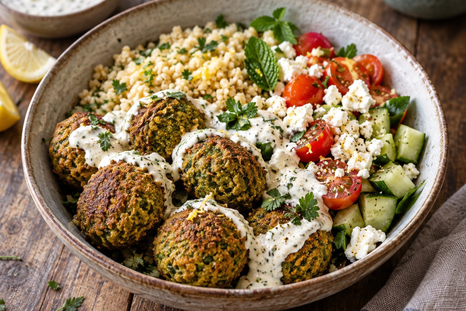 Protein-Erbsen-Falafel-Bowl mit Joghurtsauce