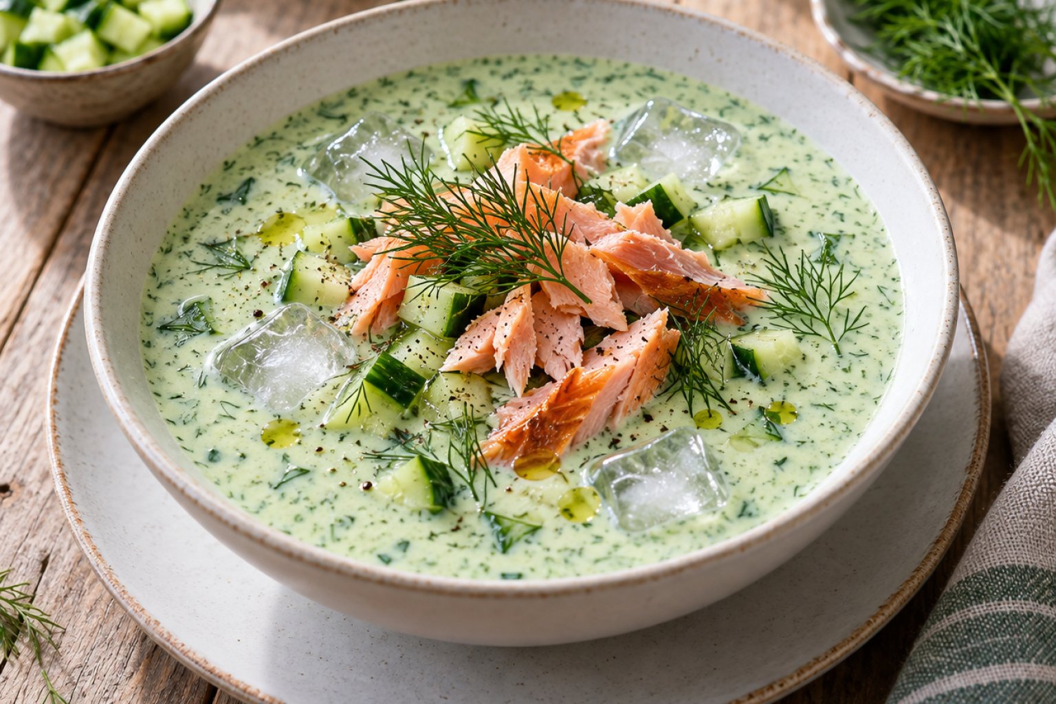 Kalte Gurken-Dill-Suppe mit Räucherforelle