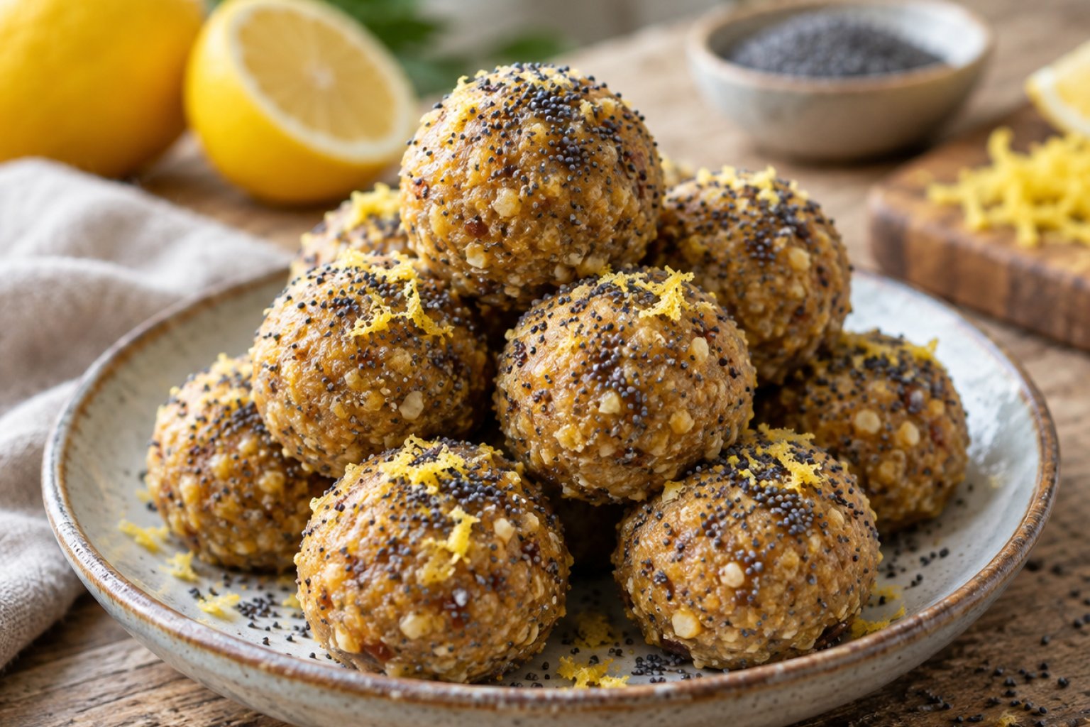 Vegane Zitronen-Mohn-Energiebällchen