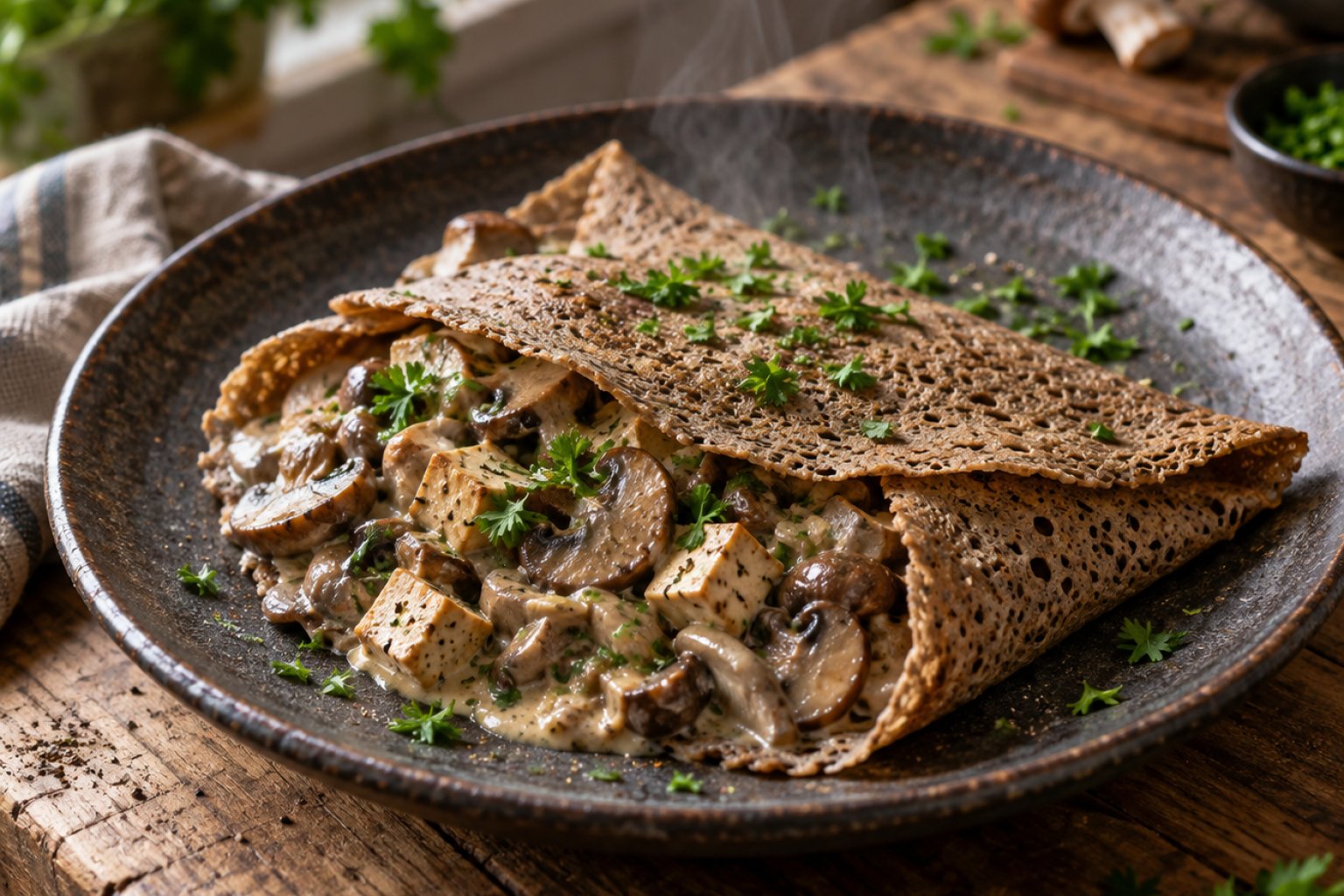 Vegane Buchweizen-Crêpes mit Pilzragout – Rezept mit Kalorien und Nährwerten
