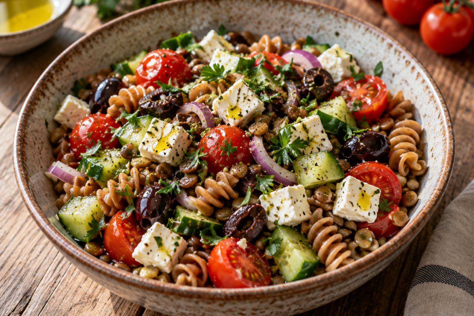 Protein-Linsen-Nudelsalat mit Feta und Kirschtomaten