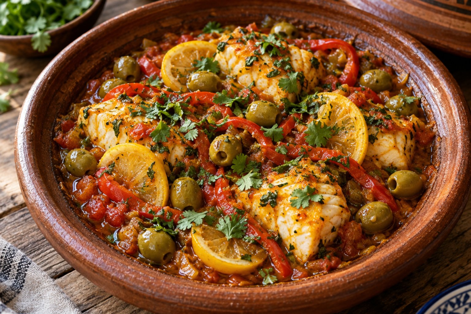 Marokkanische Fisch-Tajine mit Oliven und Zitrone