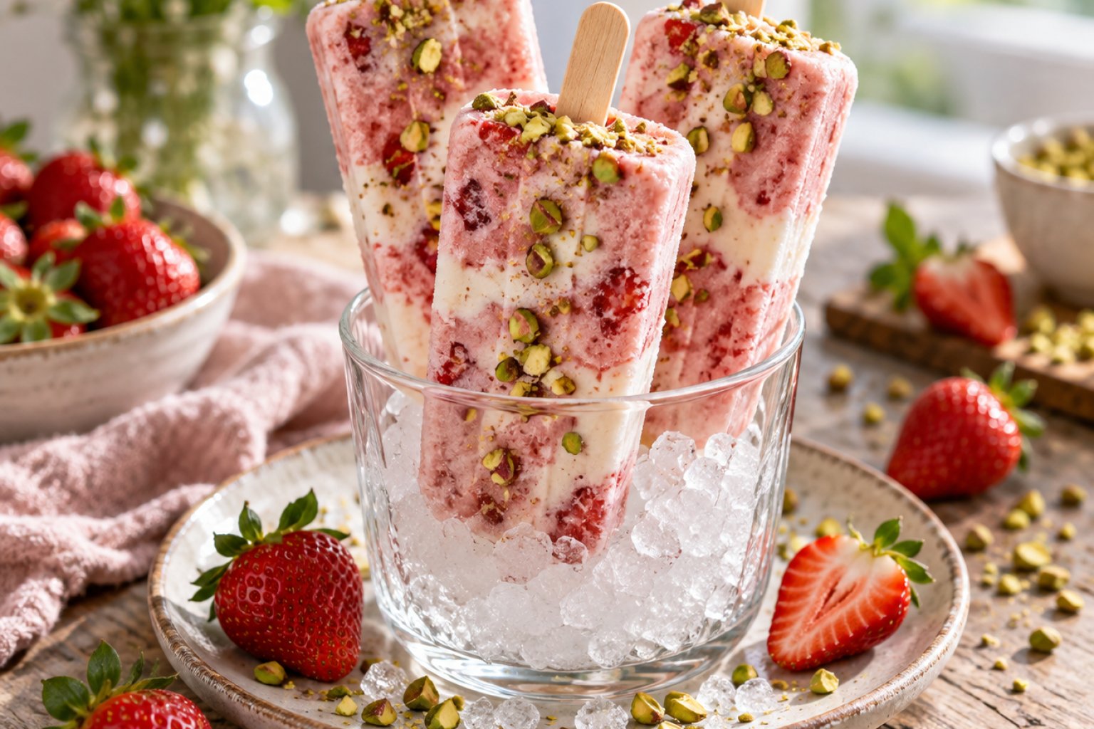 Protein-Erdbeer-Skyr-Popsicles mit Pistazien – Rezept mit Kalorien und Nährwerten