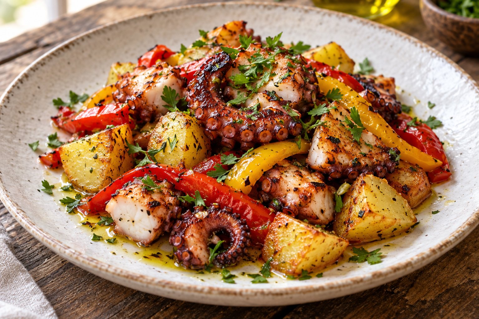 Gebratener Pulpo-Salat mit Kartoffeln und Paprika