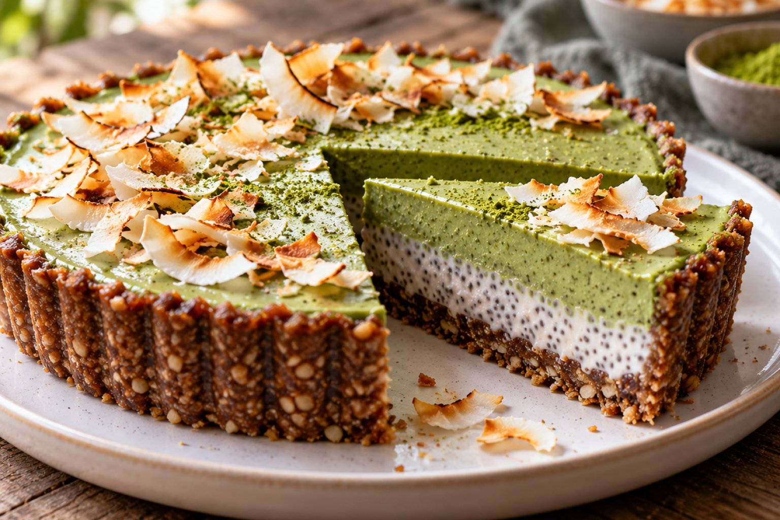 Vegane Matcha-Kokos-Chia-Pudding-Torte ohne Backen