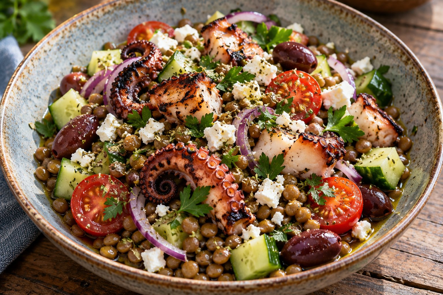 Griechischer Oktopus-Linsen-Salat mit Oregano