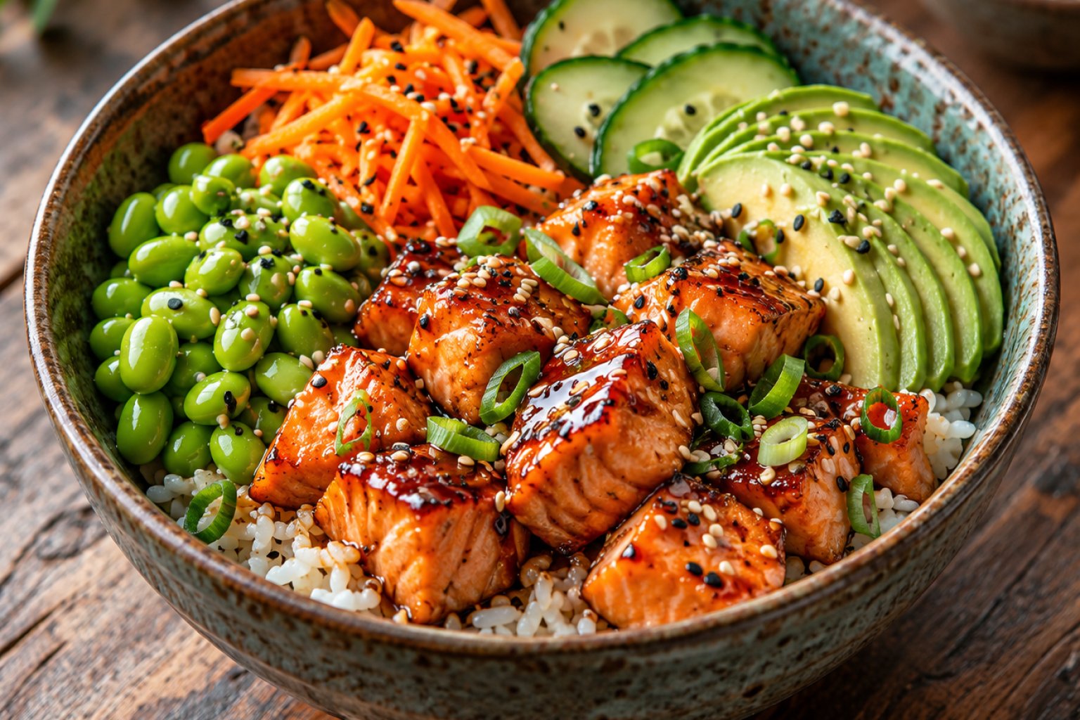 Lachs-Teriyaki-Reisbowl mit Edamame – Rezept mit Kalorien und Nährwerten