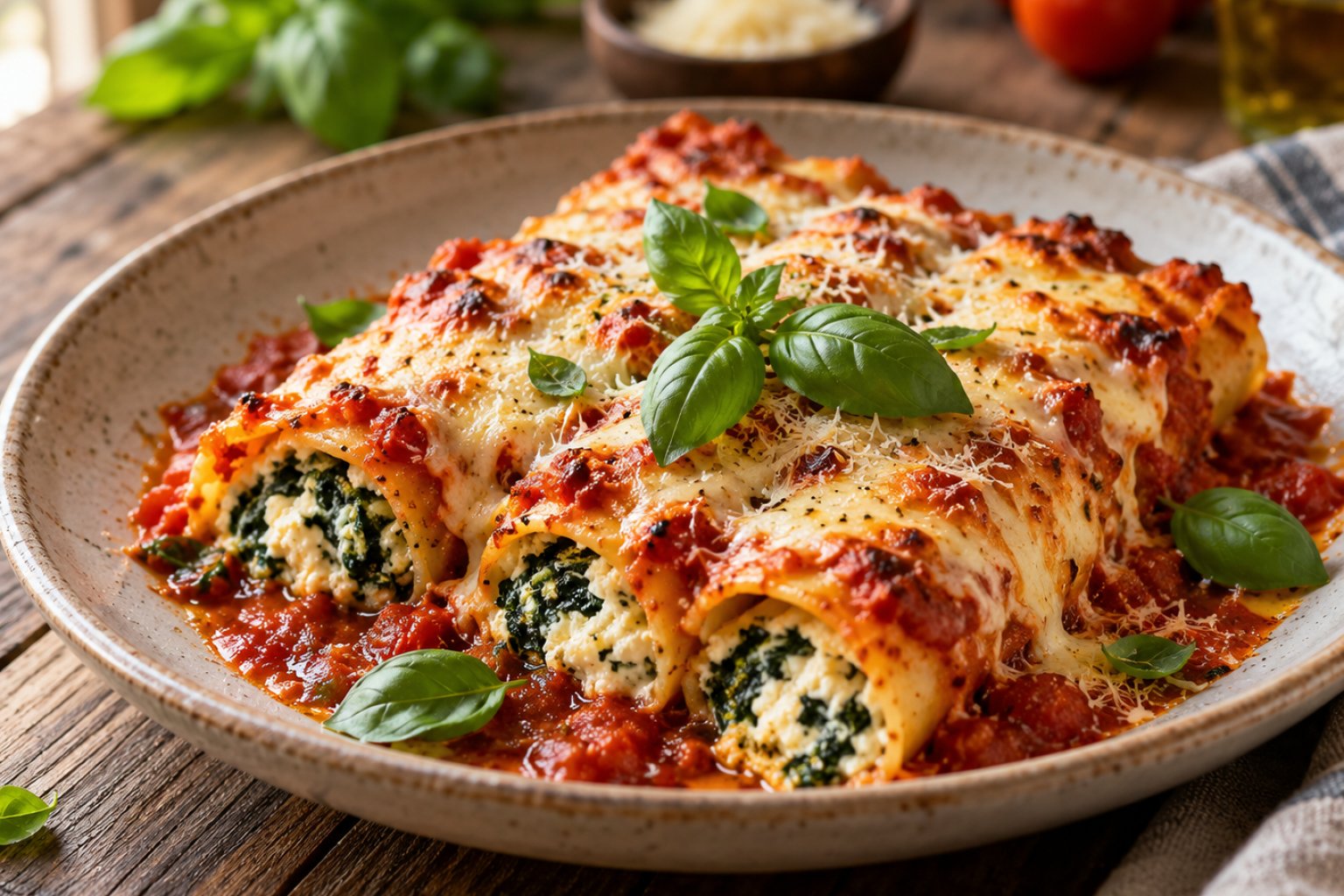 Ricotta-Spinat-Cannelloni mit Tomatensauce