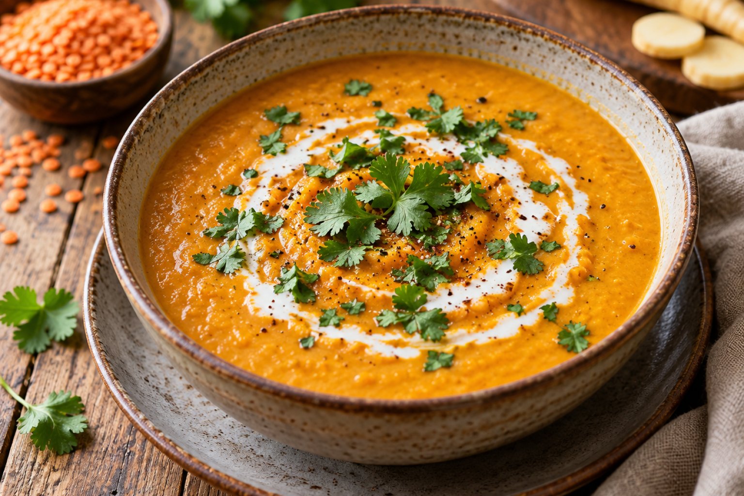 Vegane Rote-Linsen-Pastinaken-Suppe mit Kokos