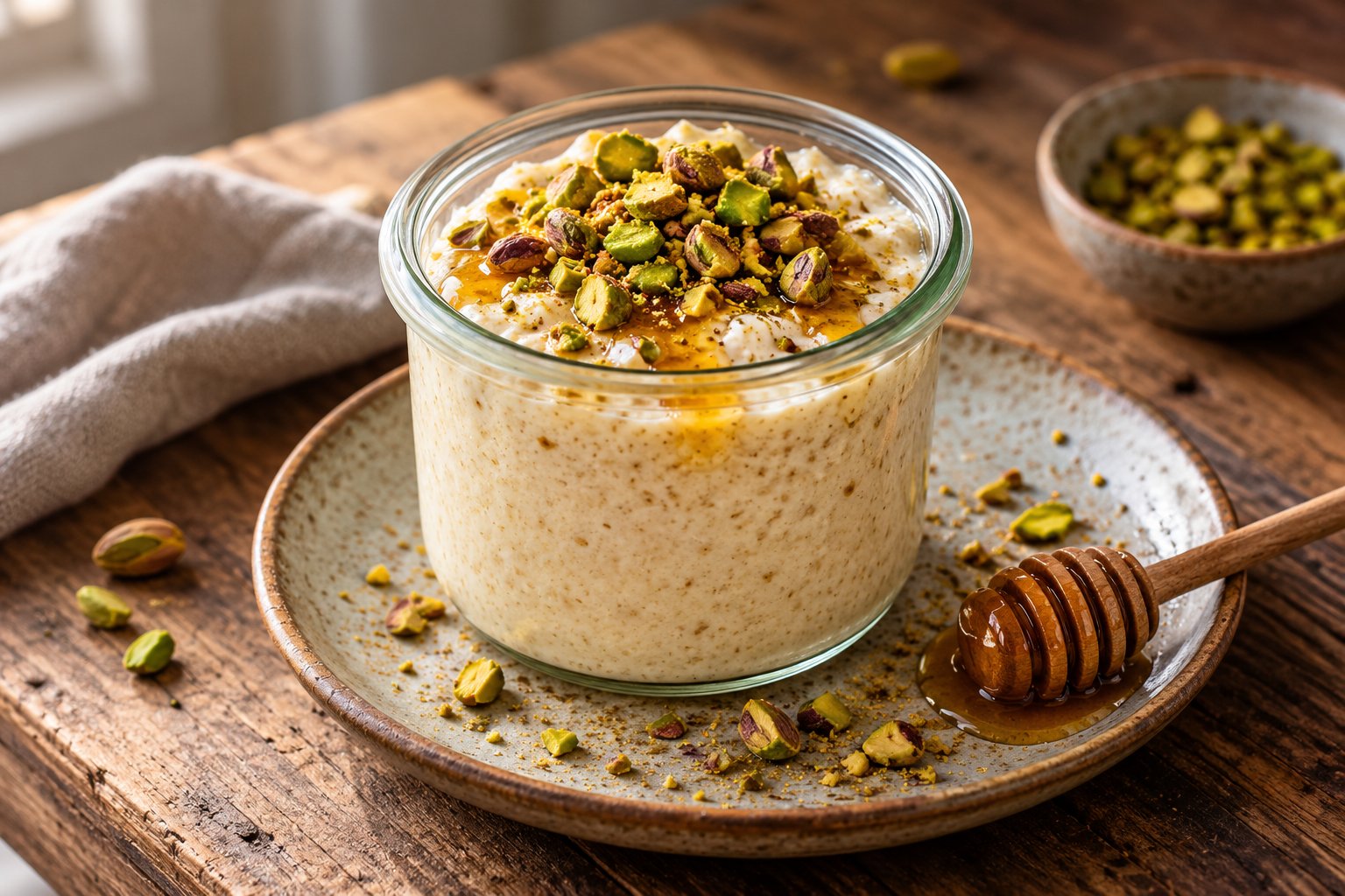 Protein-Overnight-Grieß mit Pistazien und Honig