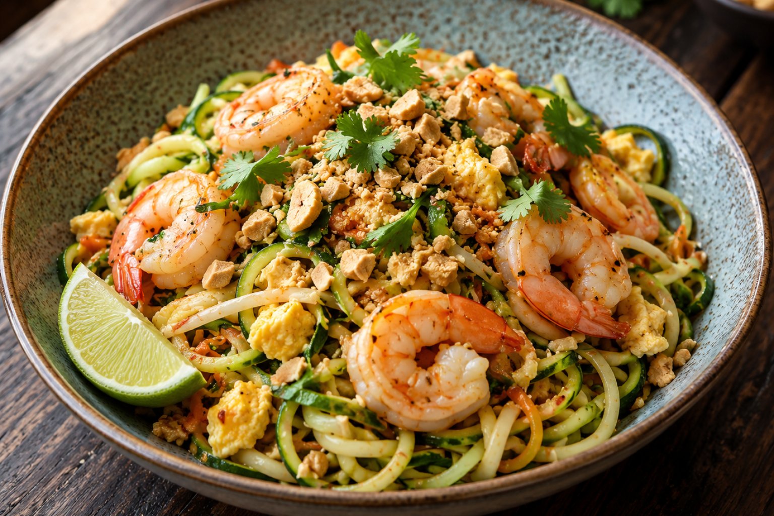Low-Carb-Zoodle-Pad-Thai mit Garnelen