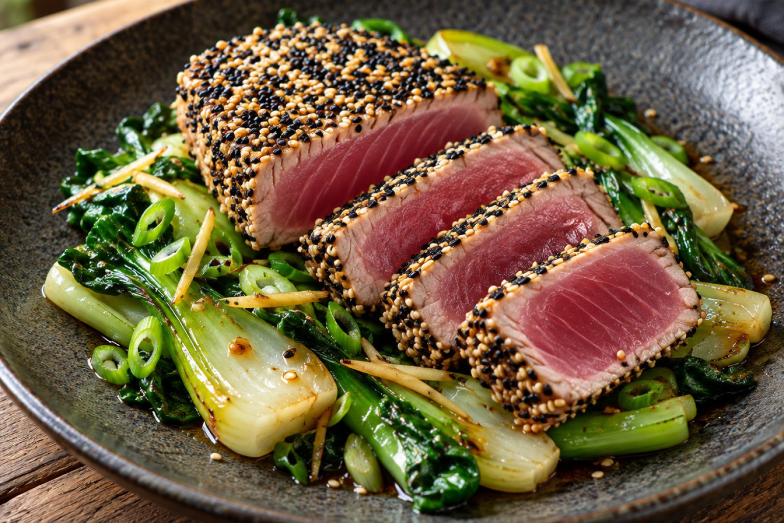 Gebratenes Thunfischsteak mit Sesamkruste und Pak-Choi