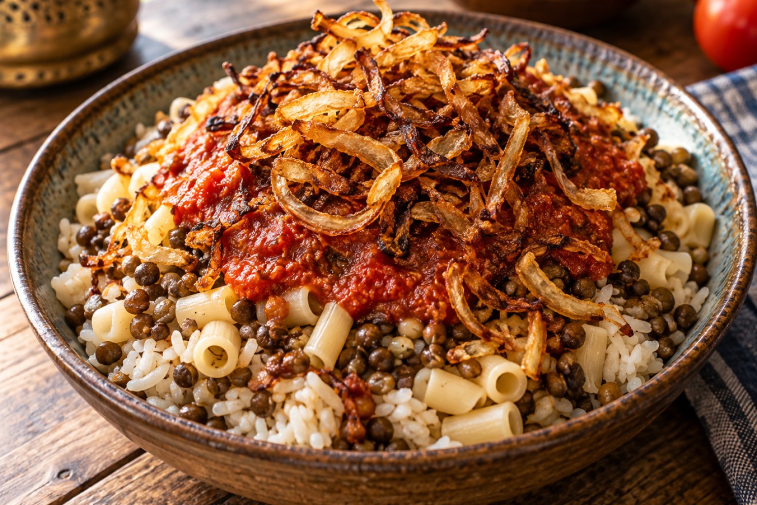 Ägyptisches Koshari mit Linsen und Nudeln – Rezept mit Kalorien und Nährwerten