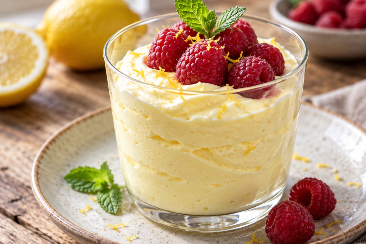 Protein-Skyr-Zitronen-Mousse mit Himbeeren