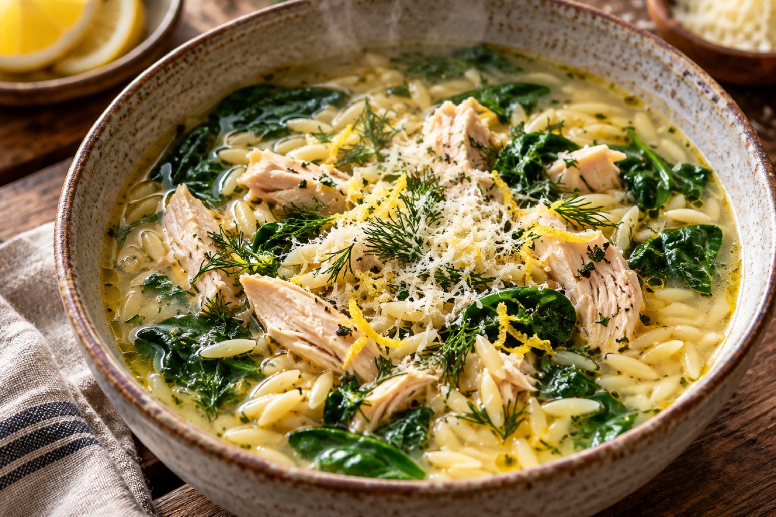Hähnchen-Zitronen-Orzo-Suppe mit Spinat