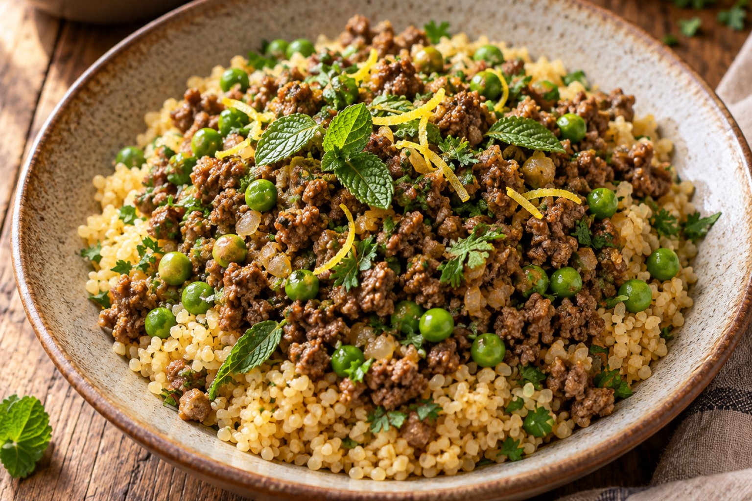 Gebratenes Lammhack mit Minze und Erbsen auf Bulgur