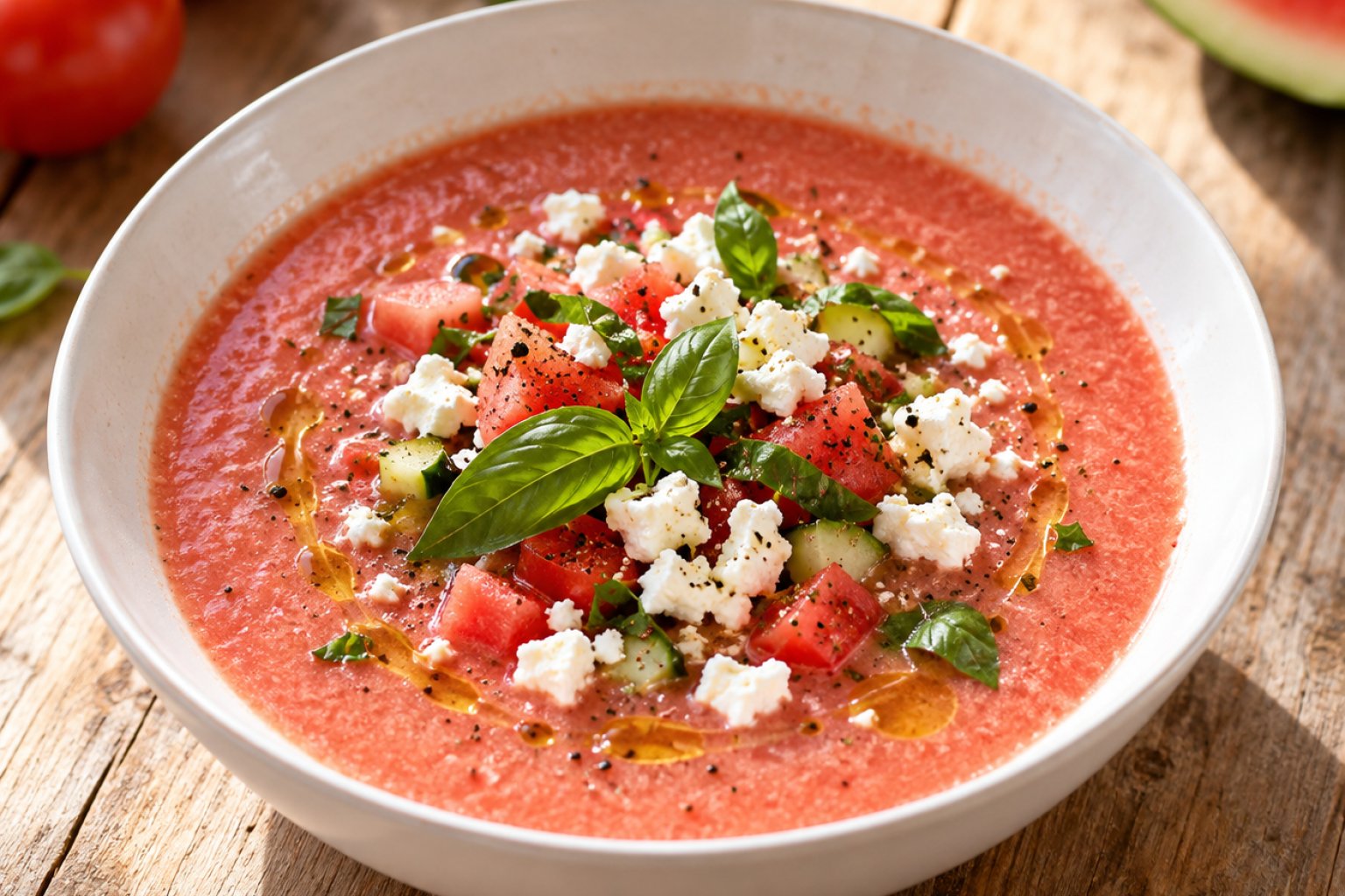Kalte Tomaten-Wassermelonen-Suppe mit Feta
