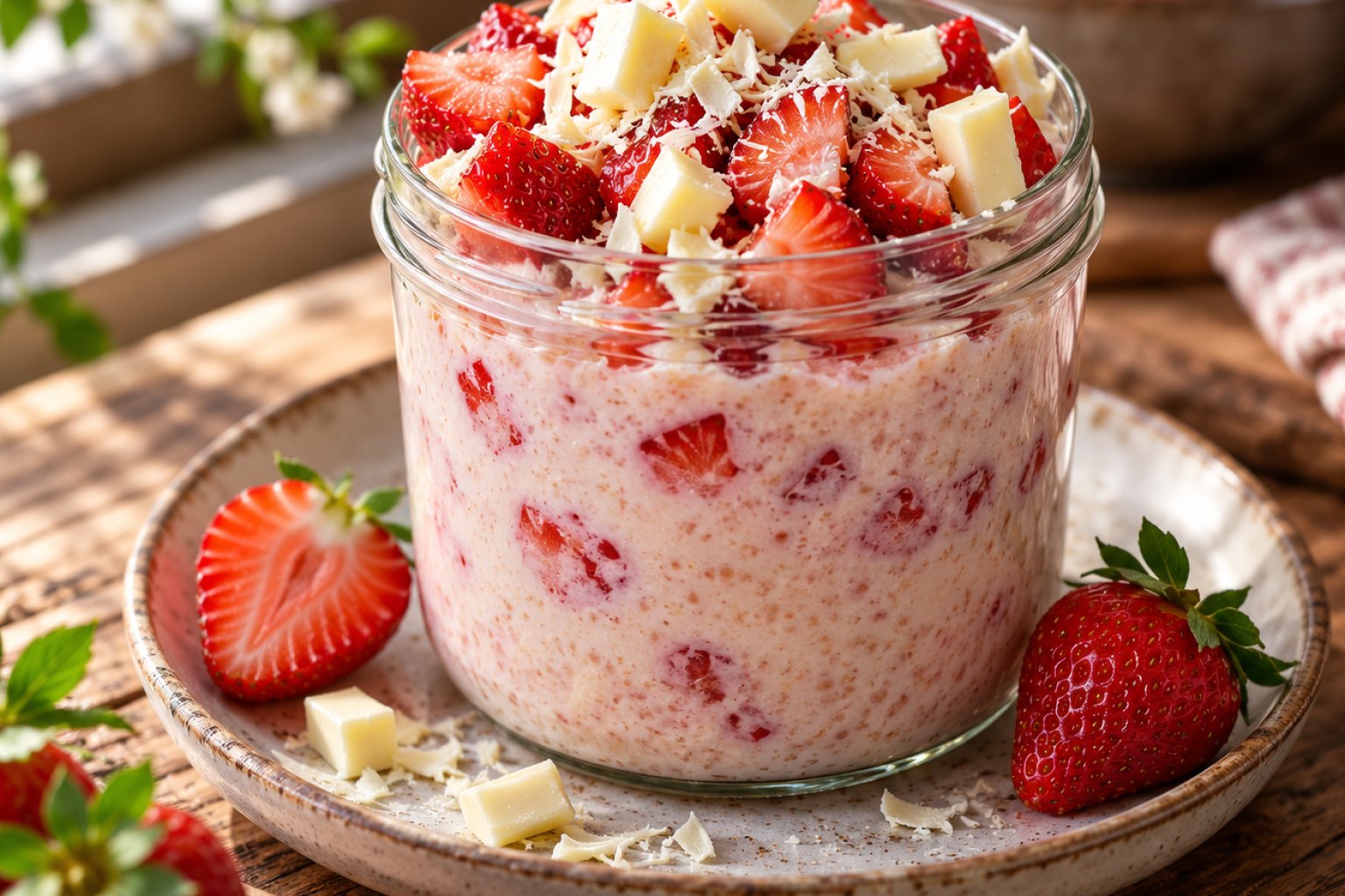 Protein-Erdbeer-Overnight-Grieß mit weißer Schokolade – Rezept mit Kalorien und Nährwerten