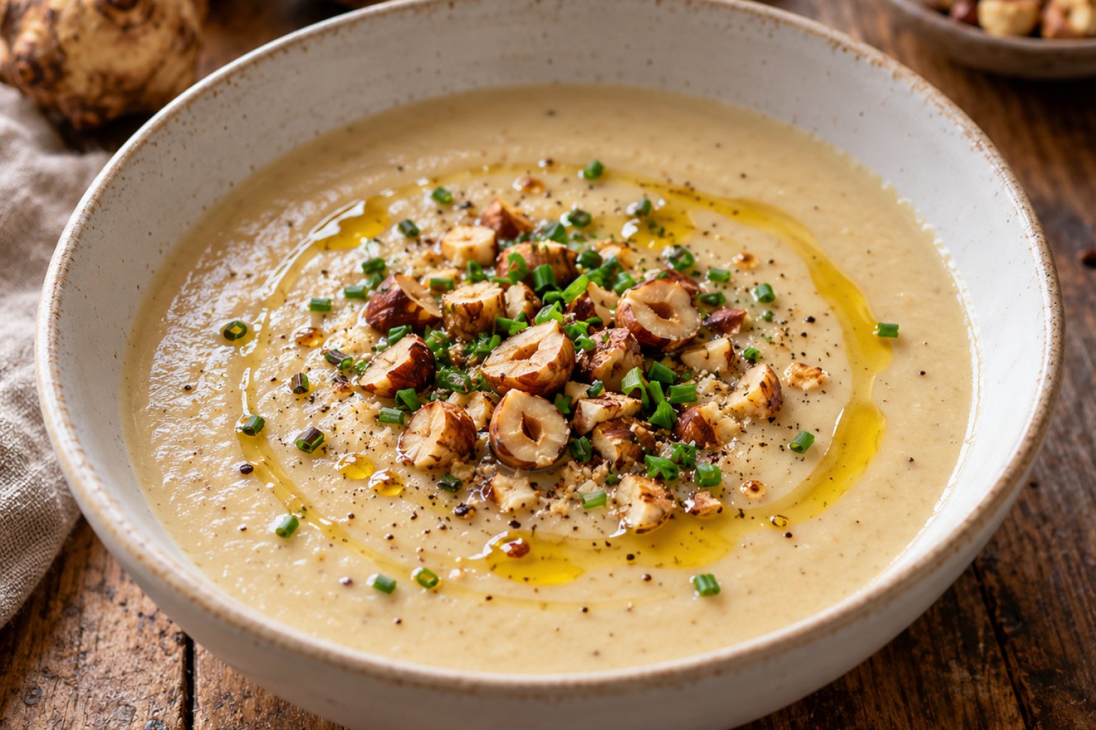 Gebackene Topinambur-Suppe mit Haselnussöl – Rezept mit Kalorien und Nährwerten