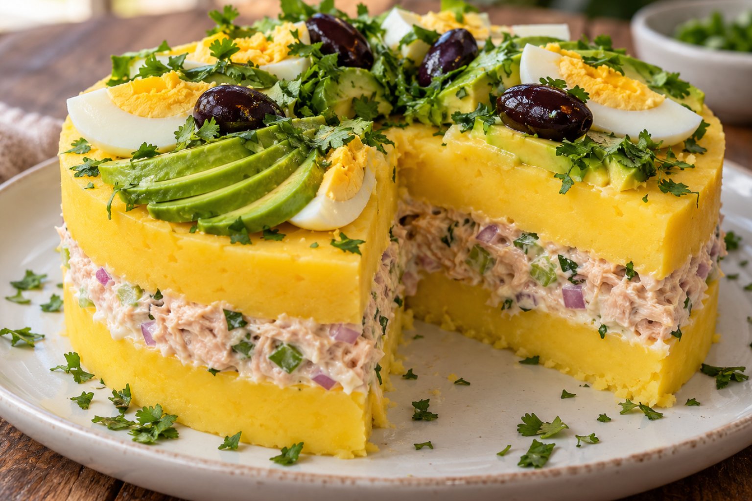 Peruanischer Causa-Kartoffelkuchen mit Thunfisch – Rezept mit Kalorien und Nährwerten