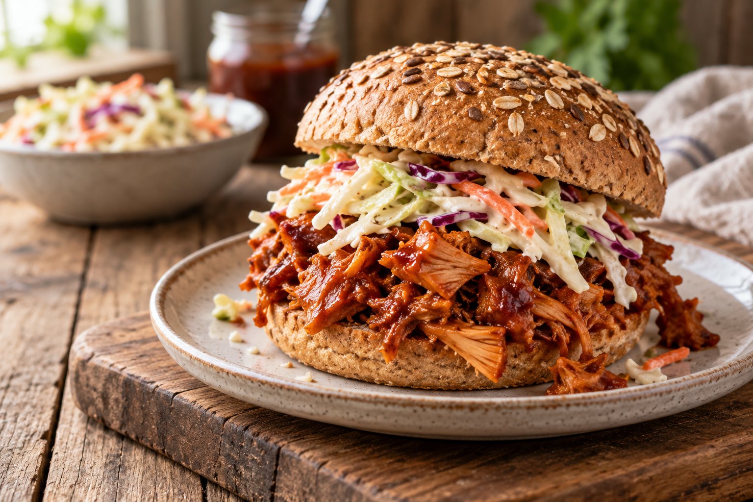 Vegane Jackfruit-Pulled-Pork-Sandwiches mit Krautsalat