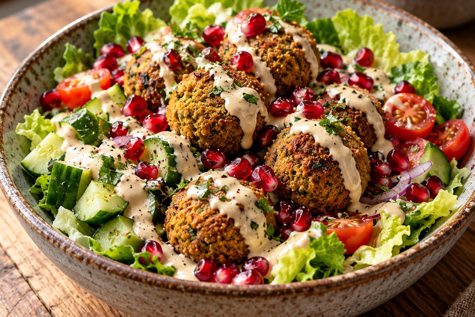 Knuspriges Falafel-Granatapfel-Bowl mit Tahini-Zitronendressing