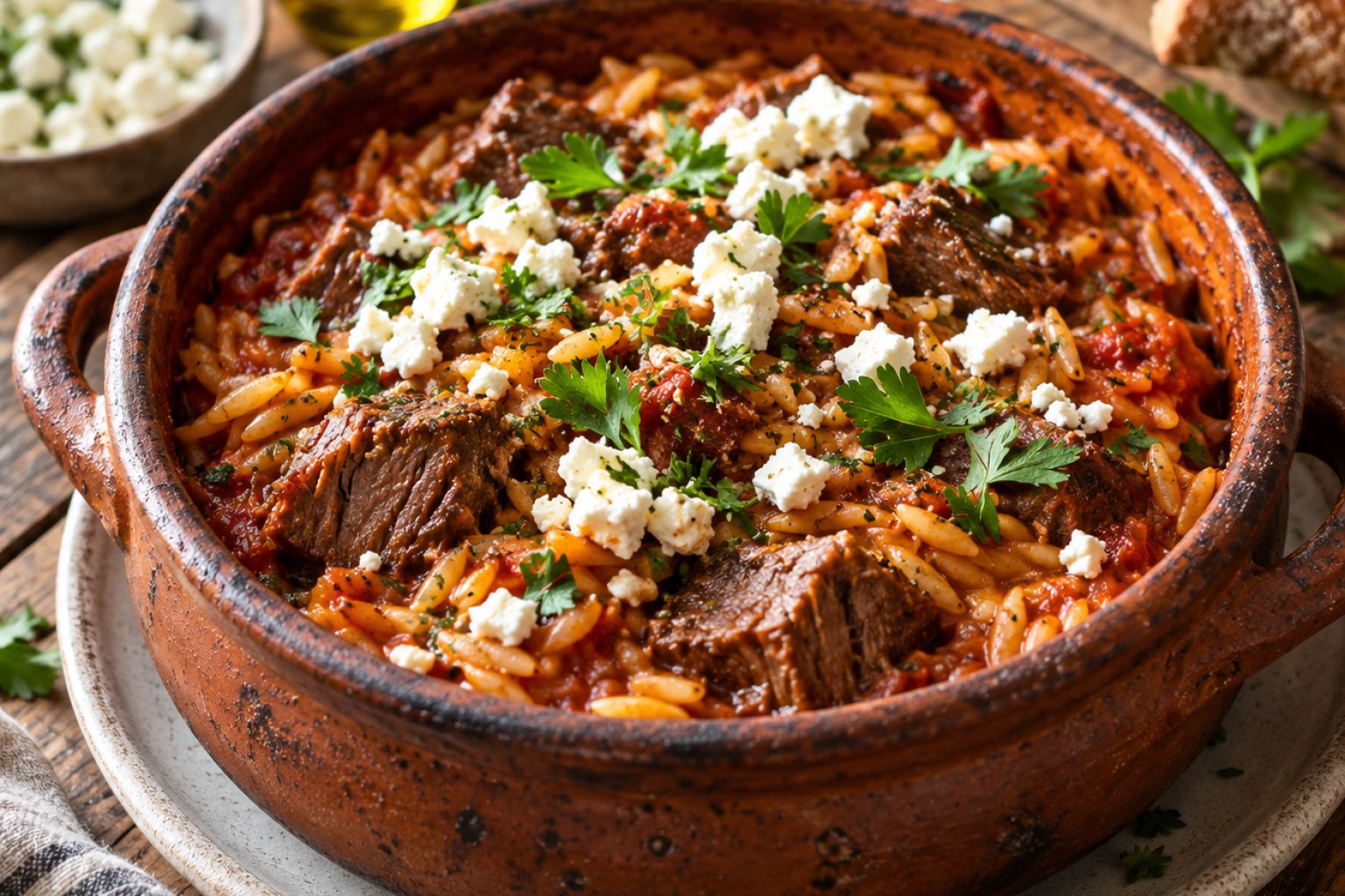 Griechisches Giouvetsi mit Rindfleisch und Orzo-Nudeln