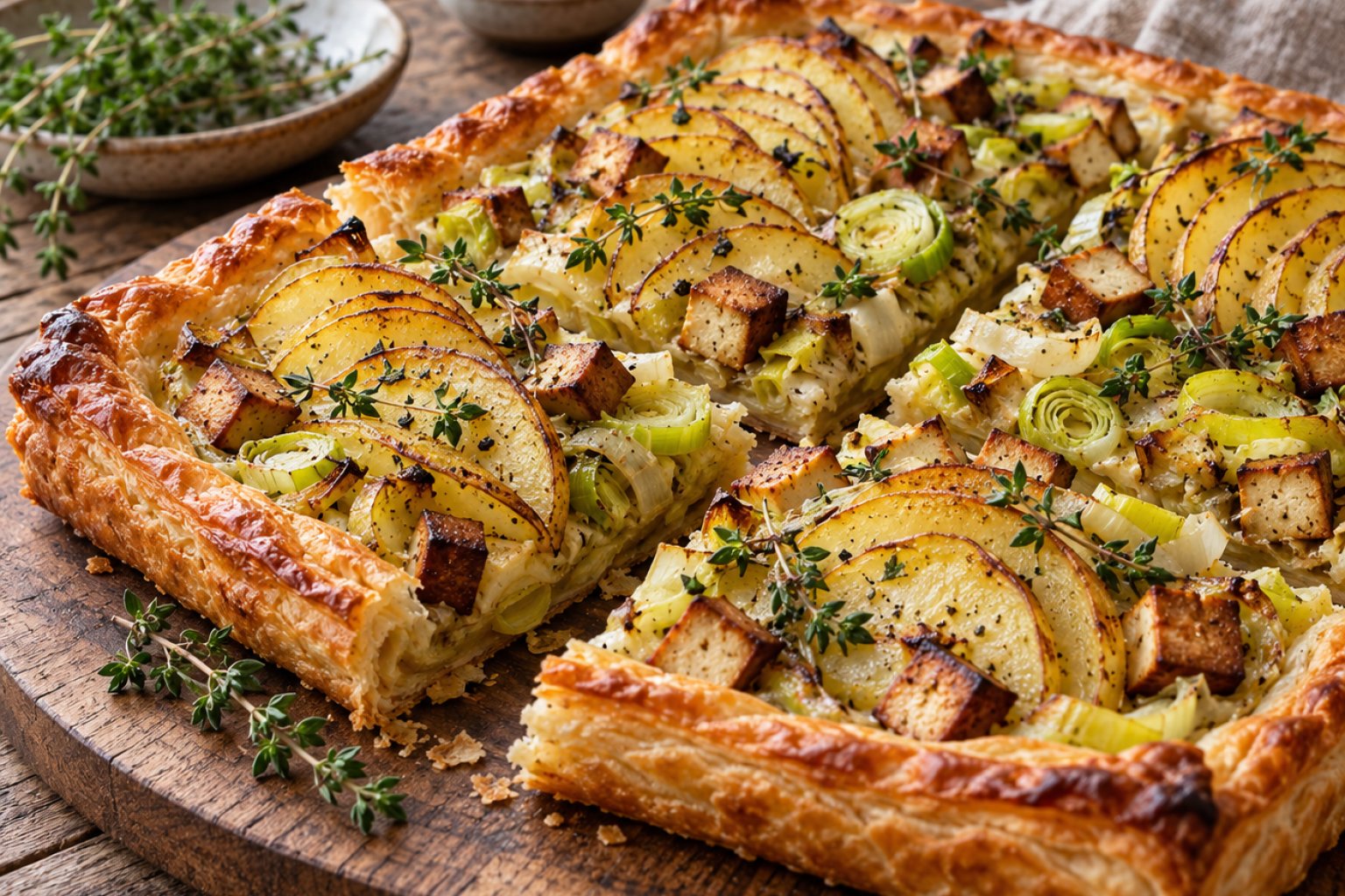 Vegane Kartoffel-Lauch-Tarte mit Räuchertofu
