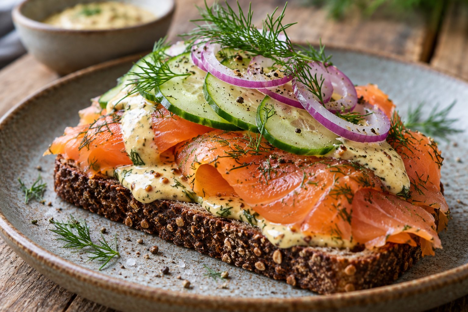 Skandinavisches Graved Lachs Sandwich mit Senfsauce