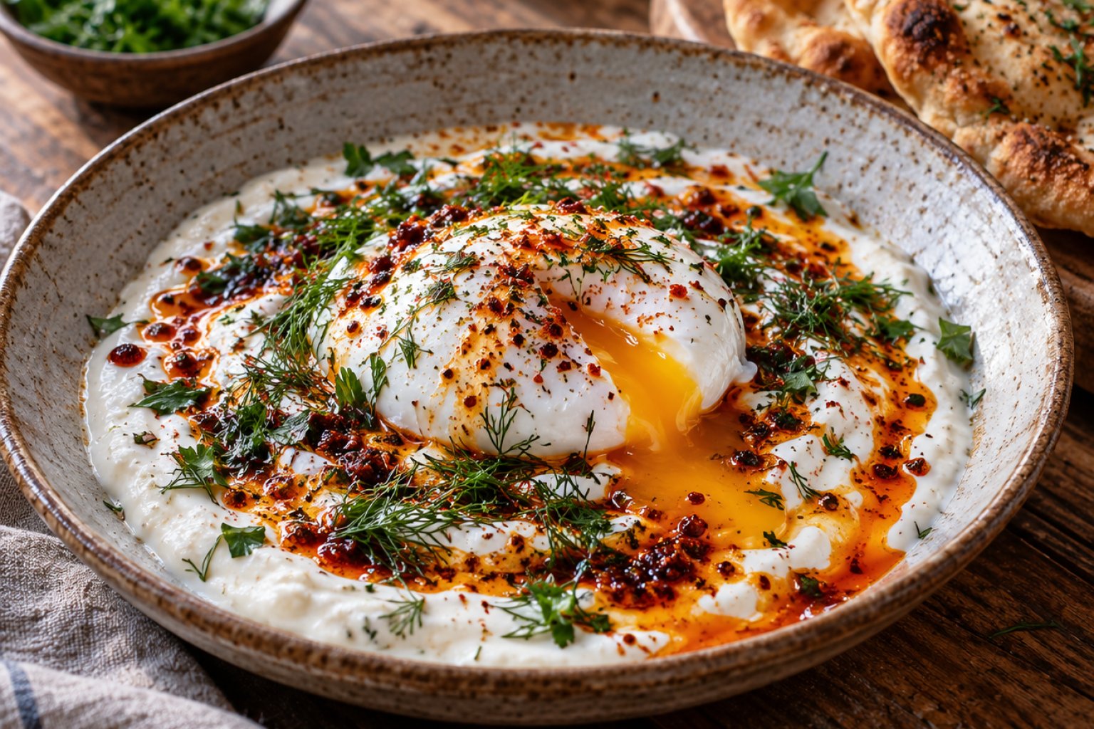 Türkisches Çılbır mit pochiertem Ei und Knoblauchjoghurt