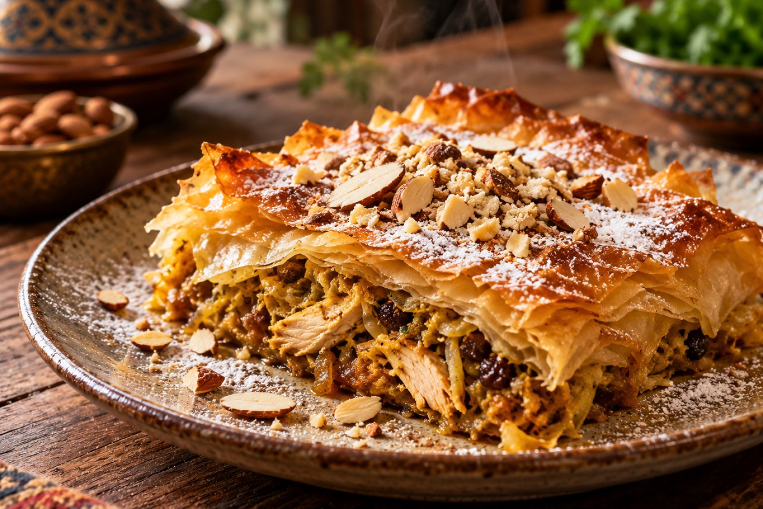 Marokkanischer Pastilla-Auflauf mit Hähnchen und Mandeln – Rezept mit Kalorien und Nährwerten