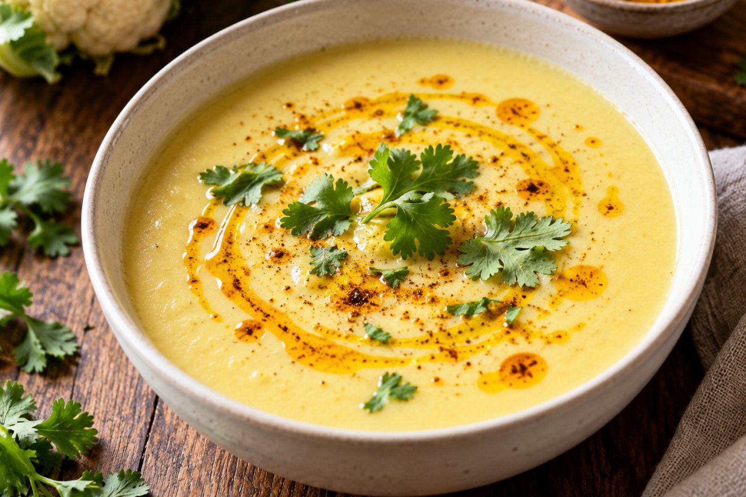 Vegane Kokos-Blumenkohl-Suppe mit Curryöl