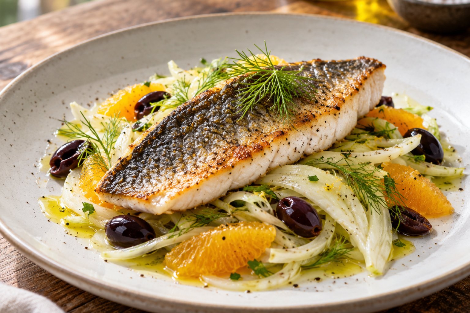 Gebratener Wolfsbarsch mit Fenchelsalat – Rezept mit Kalorien und Nährwerten