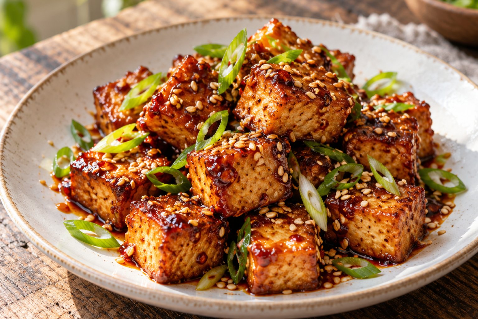Knuspriger Räuchertofu-Snack mit Sesam-Chili