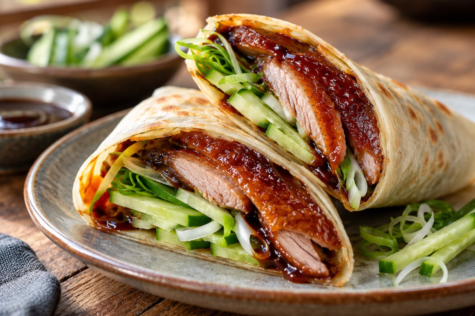 Peking-Ente-Wrap mit Gurke und Frühlingszwiebel