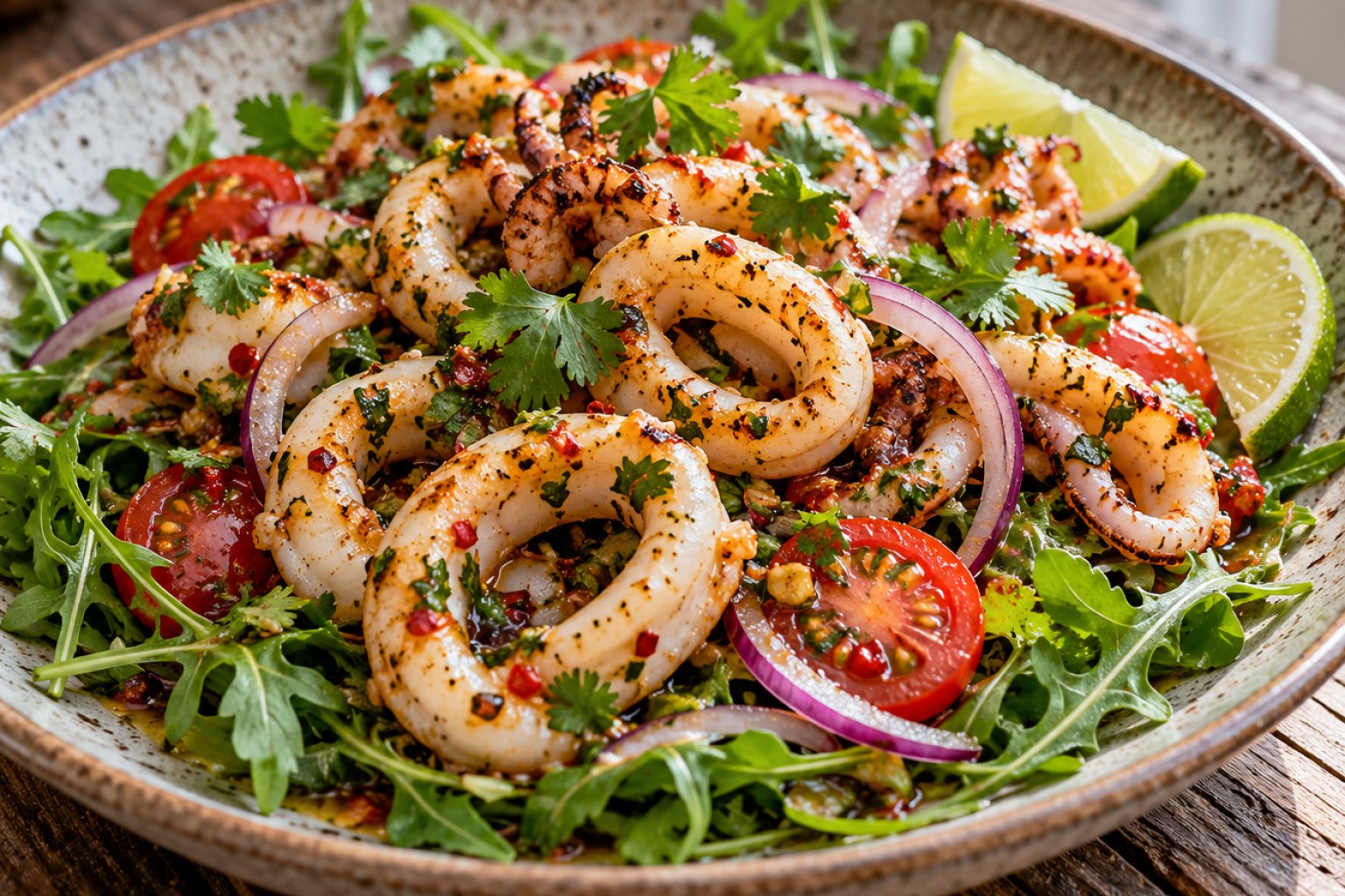Gebratener Tintenfischsalat mit Chili und Limette