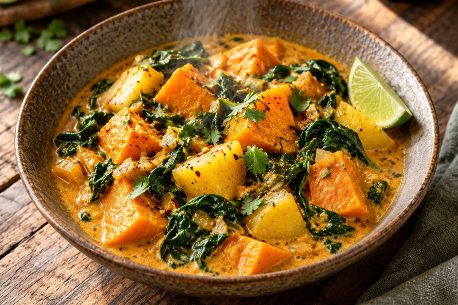 Kartoffel-Kürbis-Curry mit Spinat