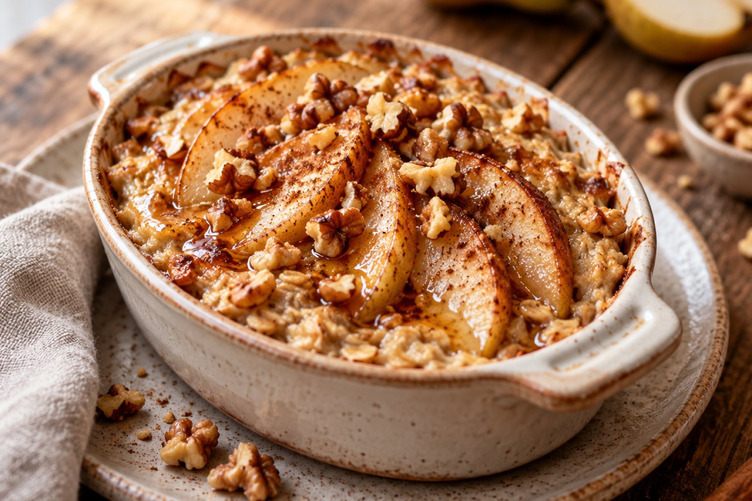 Gebackene Birnen-Walnuss-Overnight-Oats mit Ahornsirup