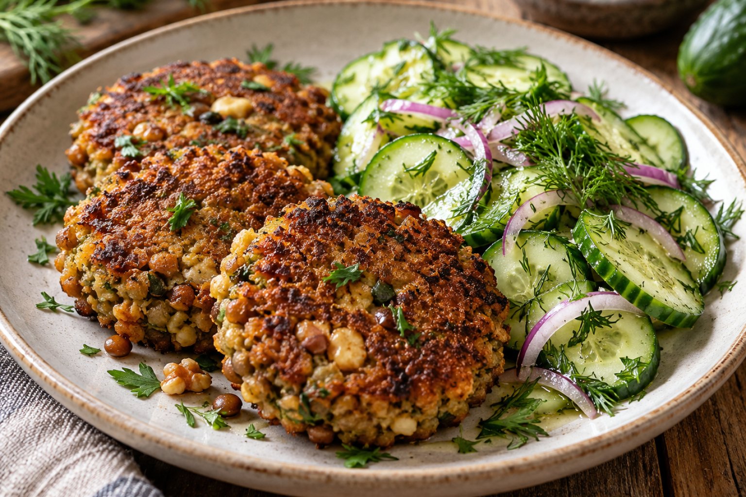 Vegane Linsen-Walnuss-Frikadellen mit Gurkensalat