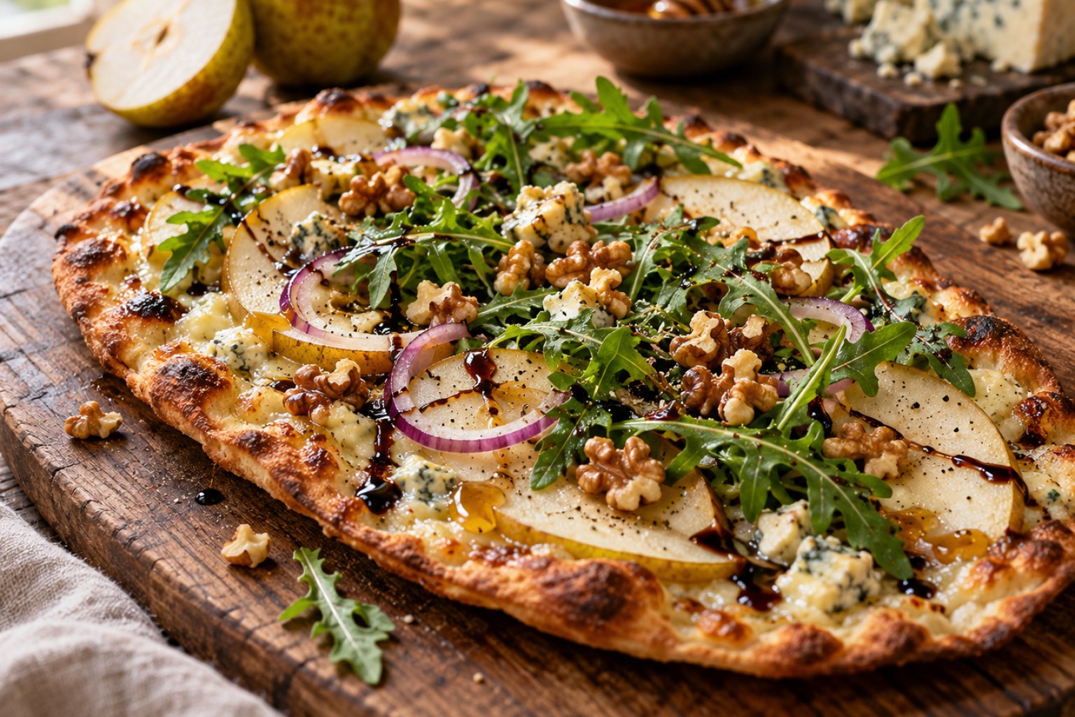 Birnen-Gorgonzola-Flatbread mit Rucola – Rezept mit Kalorien und Nährwerten