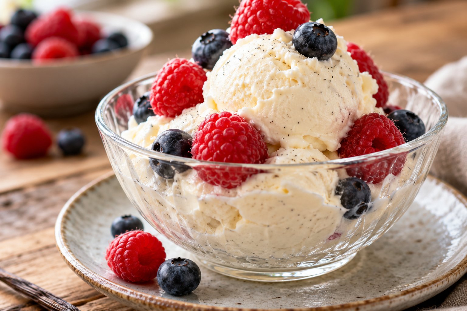 Protein-Hüttenkäse-Eis mit Vanille und Beeren