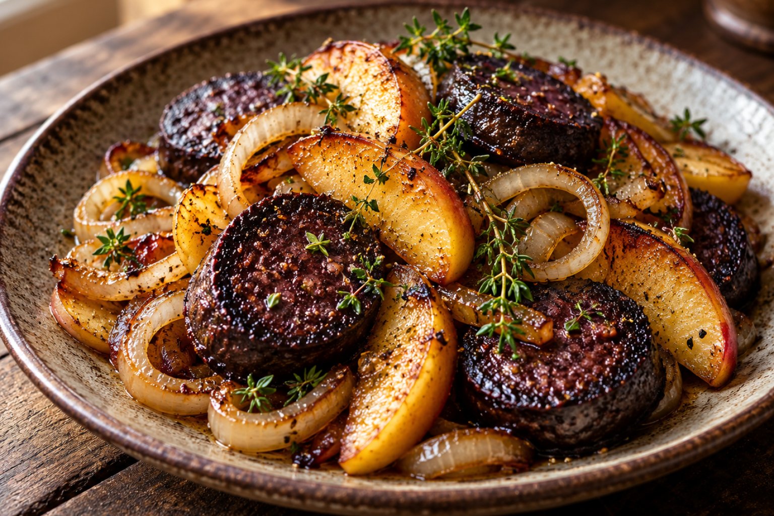 Gebratene Blutwurst mit Apfel und Zwiebeln