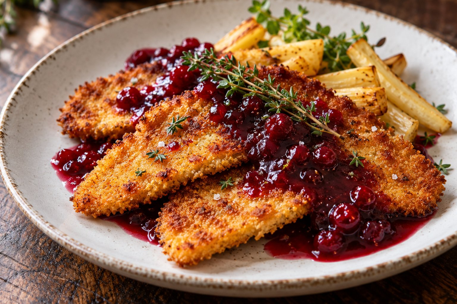 Knuspriges Pastinaken-Schnitzel mit Preiselbeersauce