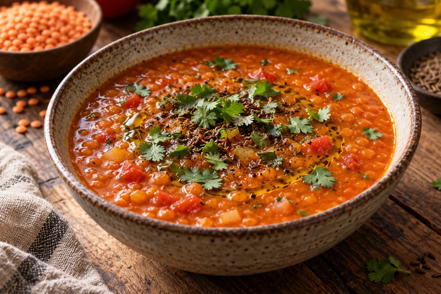 Linsen-Tomaten-Suppe mit geröstetem Kreuzkümmel – Rezept mit Kalorien und Nährwerten