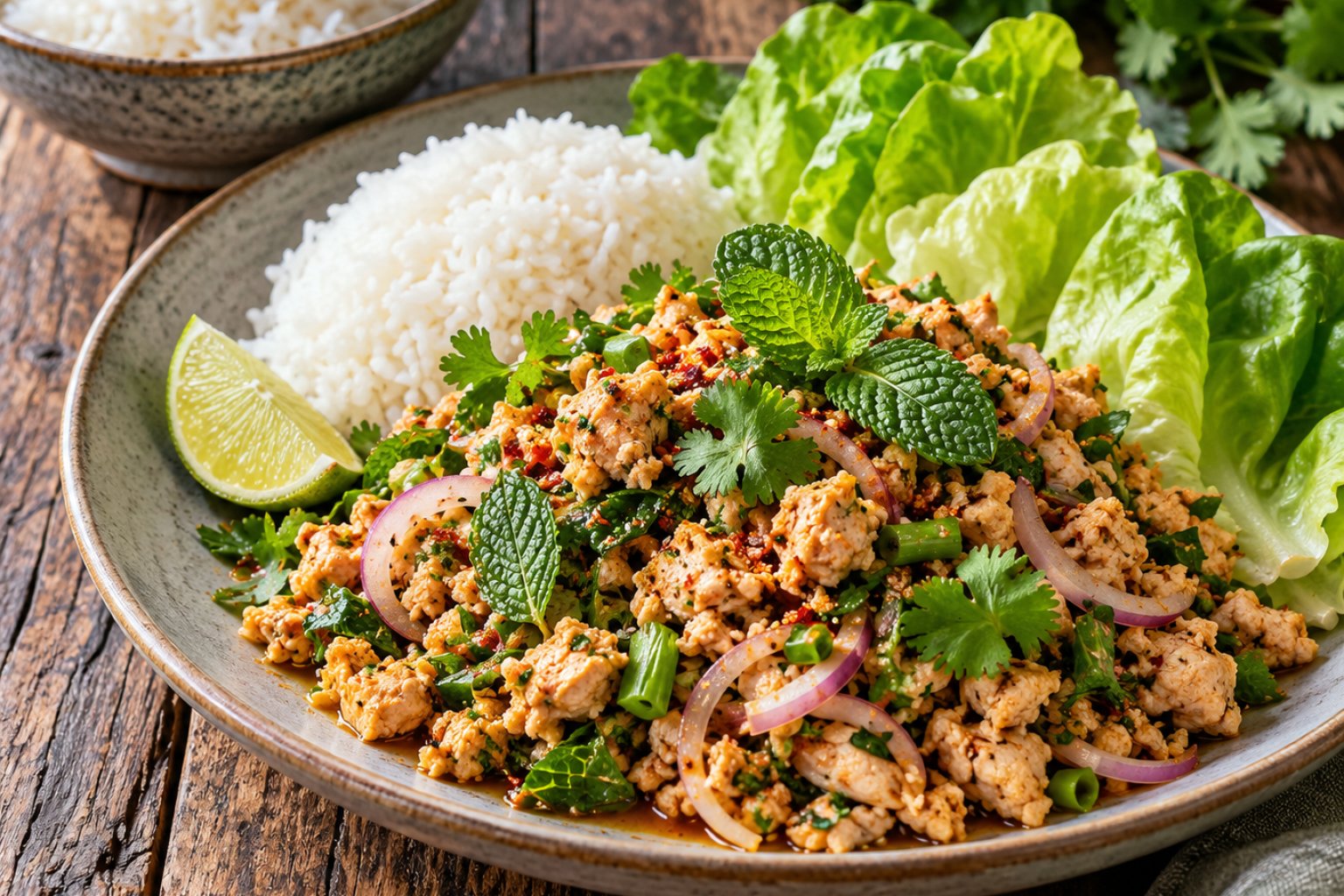 Hähnchen-Larb mit Minze und Reis
