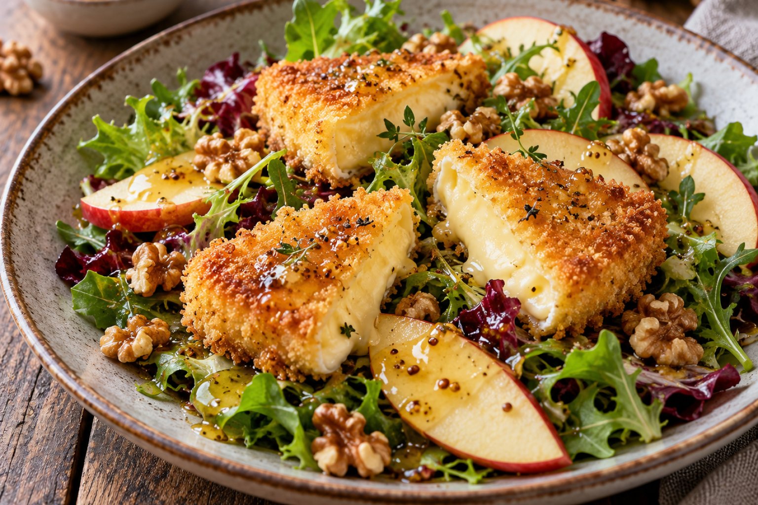 Gebratener Camembert-Apfel-Salat mit Honig-Senf-Dressing